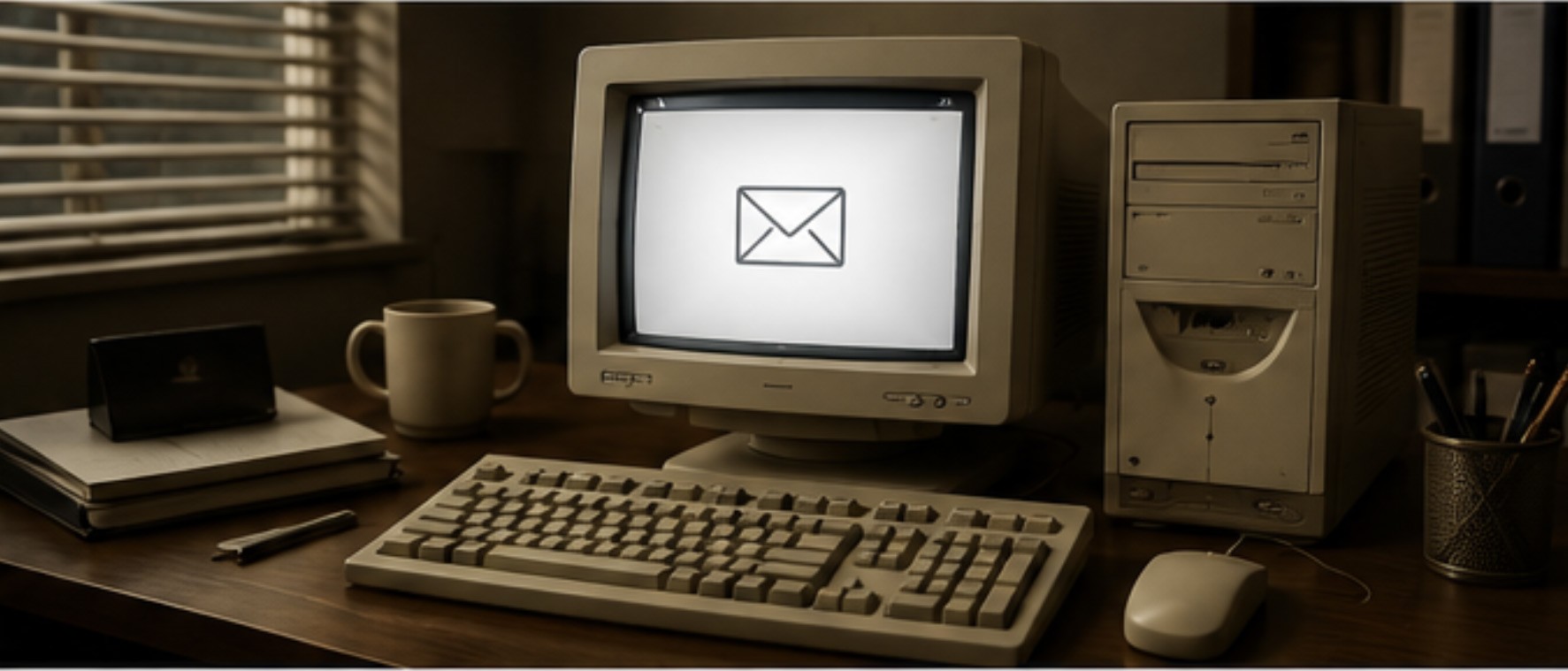 Early desktop computer displaying an email icon Early desktop computer displaying an email icon