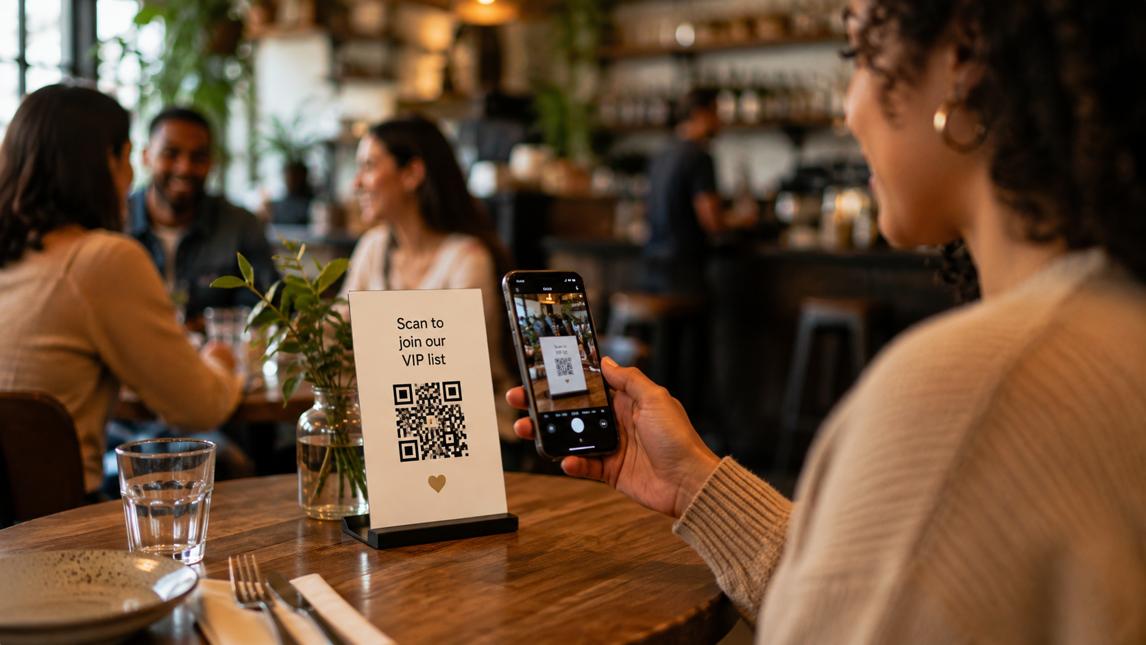 Customer scanning a QR code at a restaurant table to join a VIP list