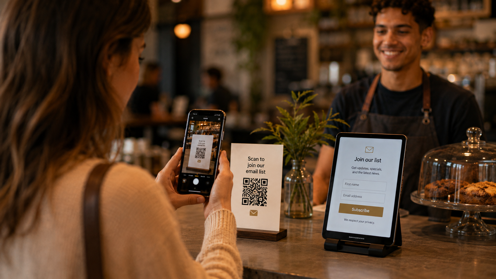 Customer scanning a QR code that leads to an email signup form
