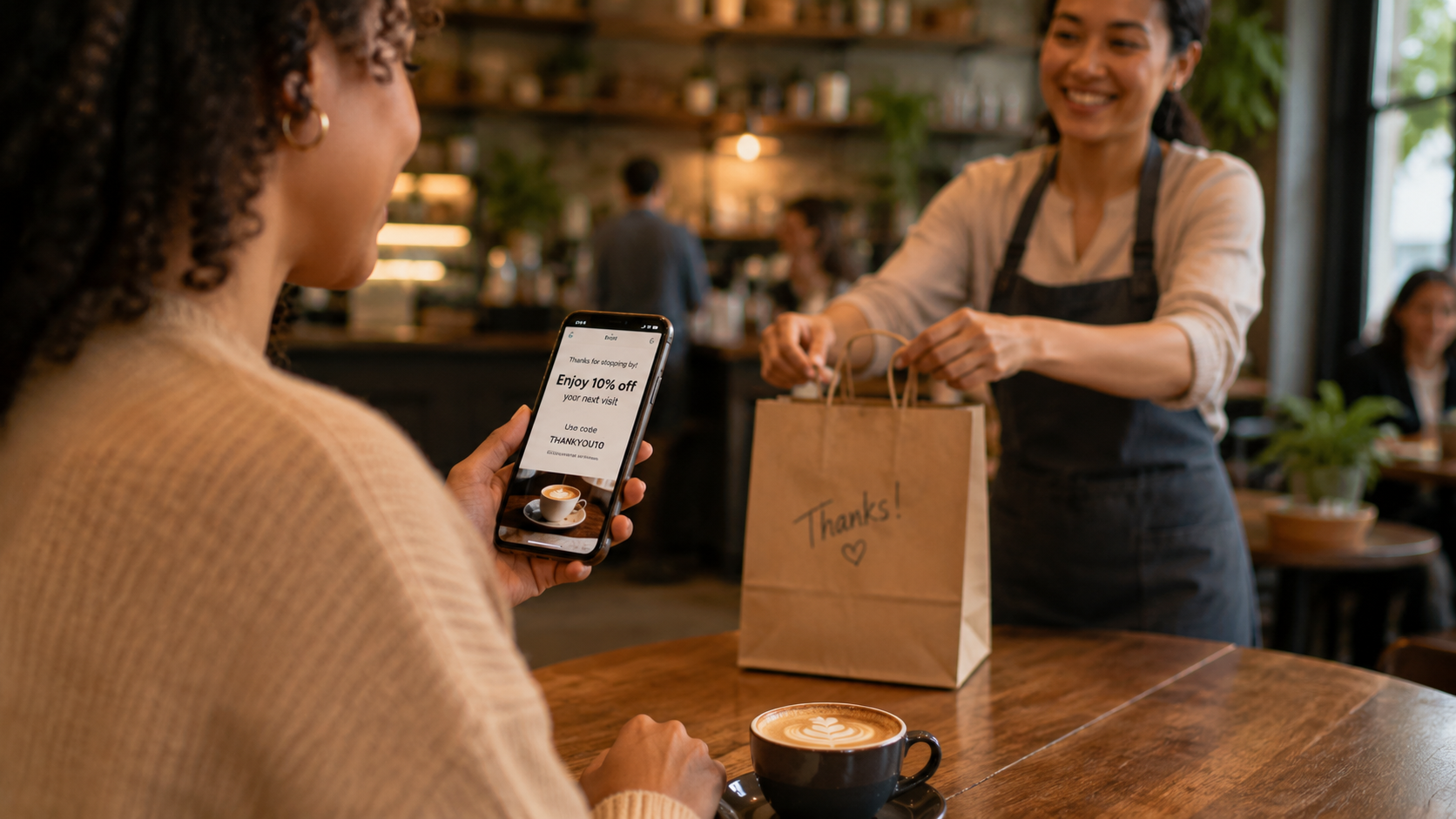 Customer receiving a follow-up offer on a smartphone after visiting a local business