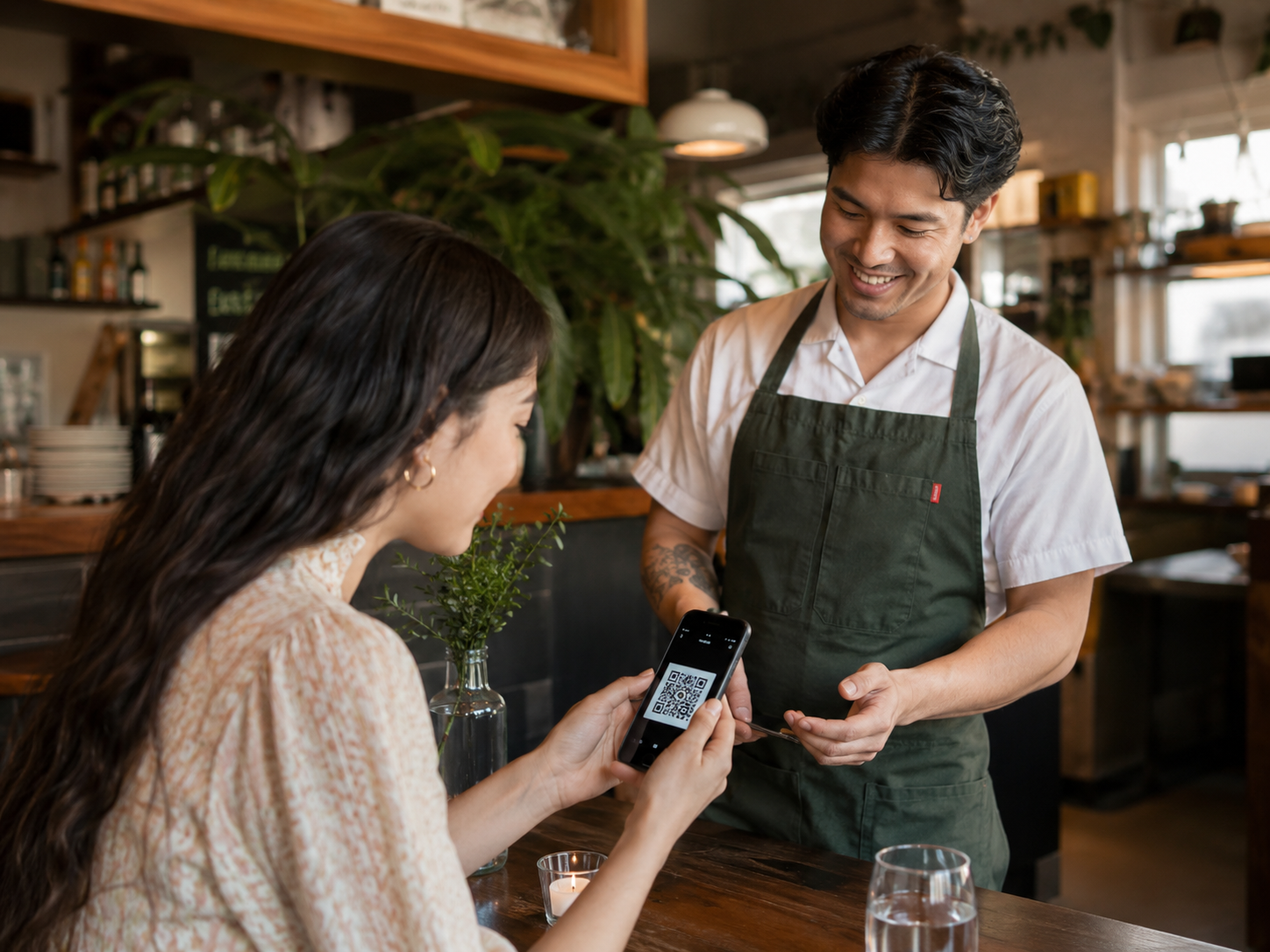 Restaurant guest scanning a QR code to share contact information