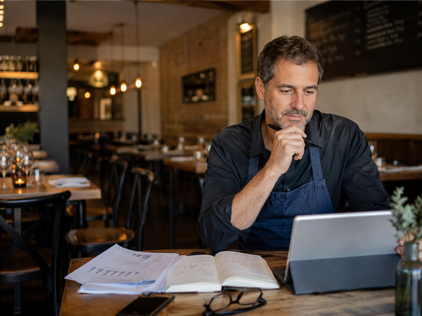 Restaurant owner reviewing performance and planning promotions