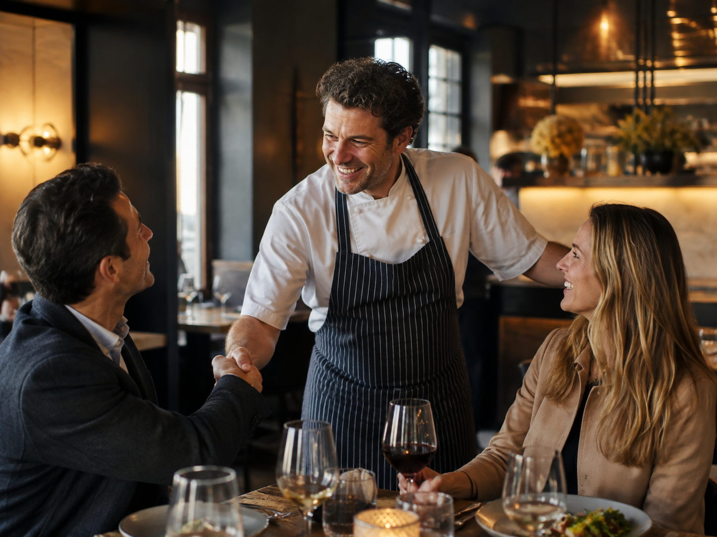 Restaurant owner warmly greeting loyal guests at their table