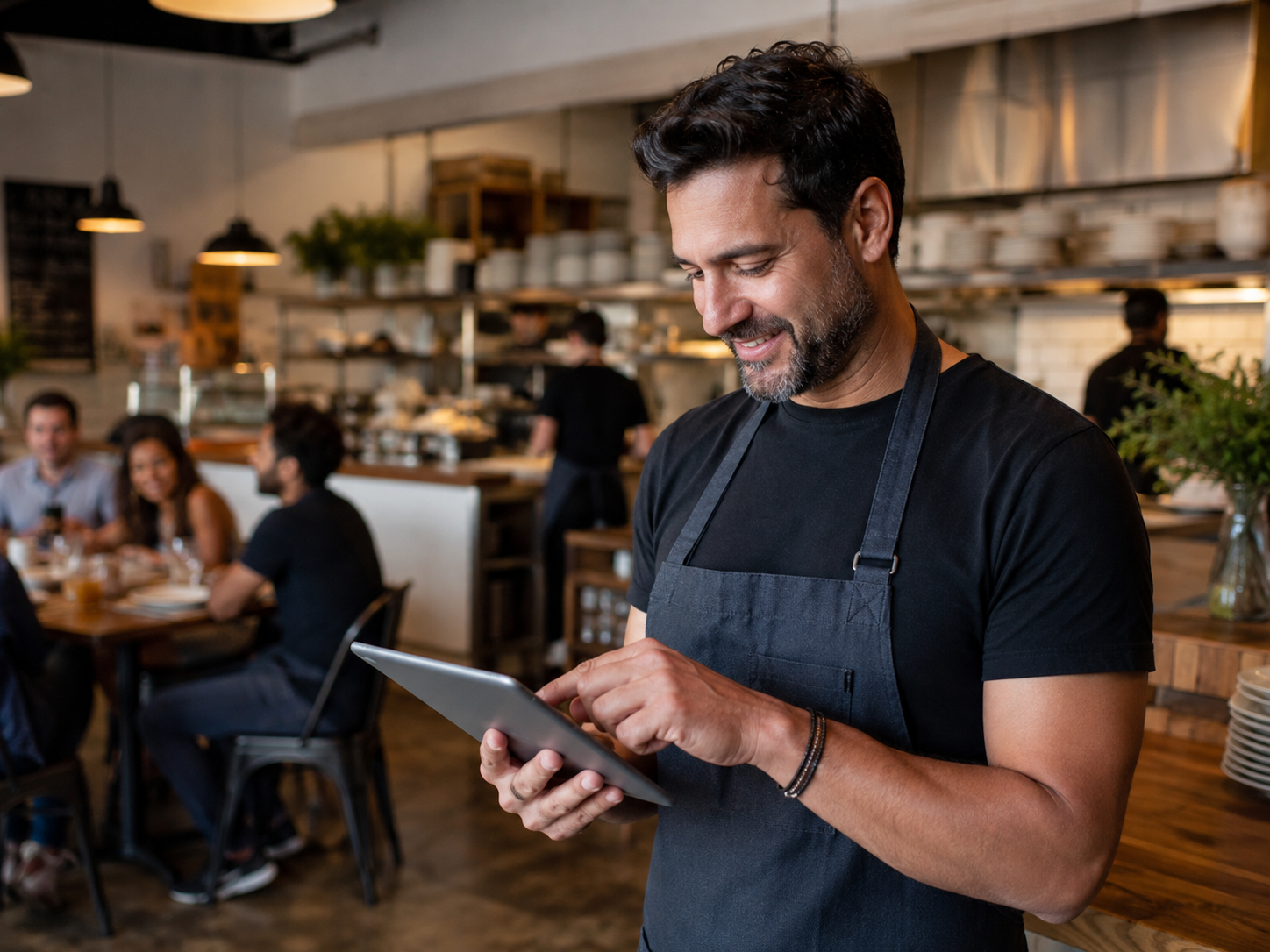 Restaurant owner using a tablet to manage customer communications