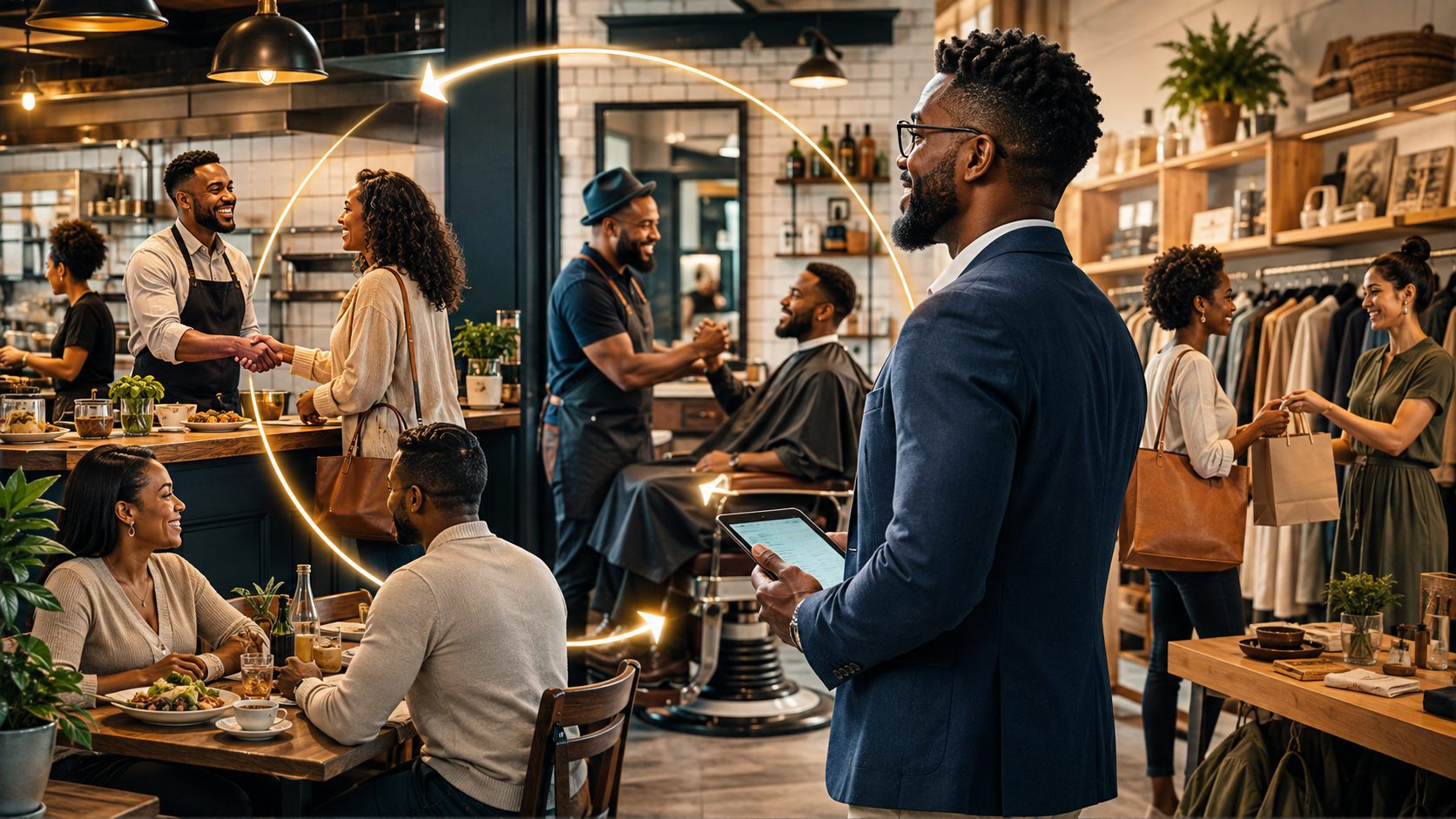 Small business owners and returning customers across a restaurant, barbershop and boutique